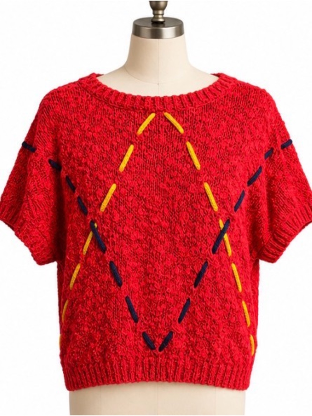 Vintage CHAUS Red Linen Cotton Embroidered Art Knit Sweater S Korea Conditions